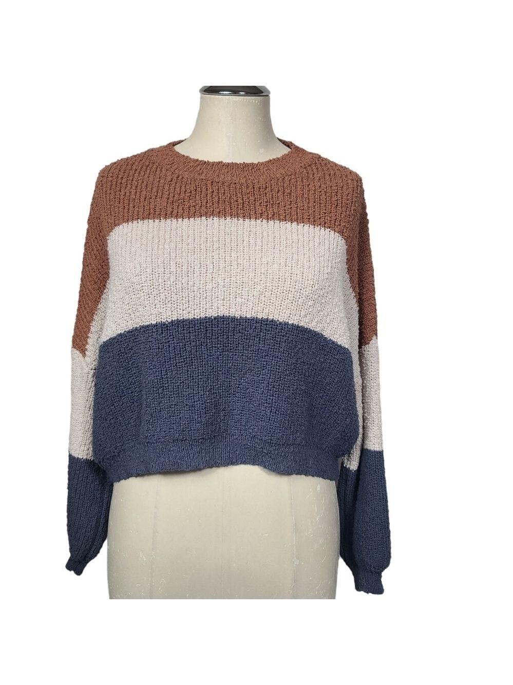 Debut Striped Brown White Blue Crewneck Sweater L